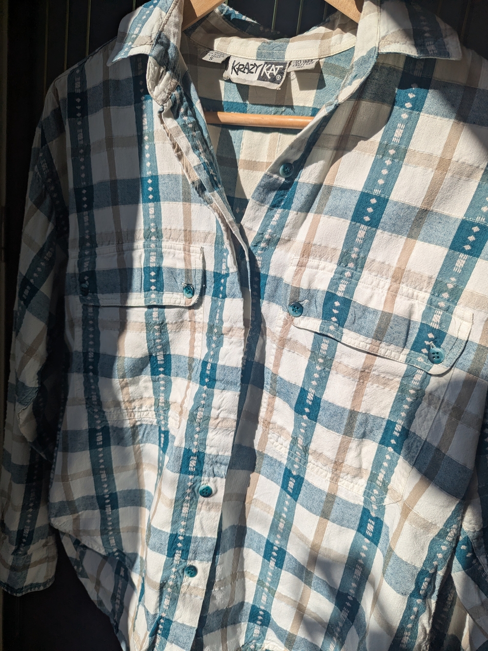 Krazy Kat Men’s Blue and Cream Plaid Button-Up Shirt